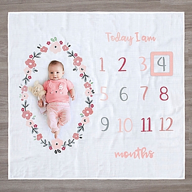 Gerber&reg; 2-Piece Floral Cotton Muslin Milestone Blanket Set in Coral. View a larger version of this product image.