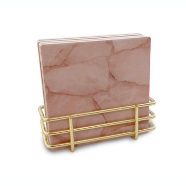 Thirstystone&reg; Dolomite Rose Quartz Square Coasters (Set of 4) with Holder. View a larger version of this product image.
