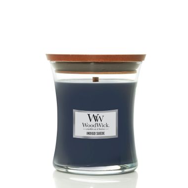 WoodWick&reg; Indigo Suede 9.7 oz. Medium Hourglass Candle. View a larger version of this product image.