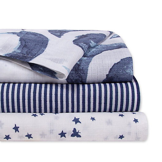 Alternate image 1 for Burt's Bees Baby® 3-Pack Hello Moon Woven Cotton Muslin Receiving Blankets in Indigo