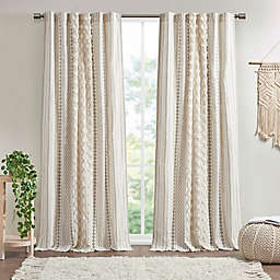 INK+IVY Imani 84-Inch Cotton Printed Window Curtain Panel with Chenille Stripe and Lining in Ivory
