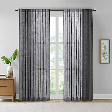 Madison Park&reg; Kane 84-Inch Texture Printed Woven Faux Linen Window Curtain Panel in Black. View a larger version of this product image.