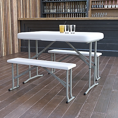 Flash Furniture 3-Piece Folding Table and Bench Set in White. View a larger version of this product image.