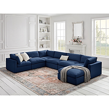 Shabby Chic Linen Left-Arm Modular Sofa Seat in Navy. View a larger version of this product image.