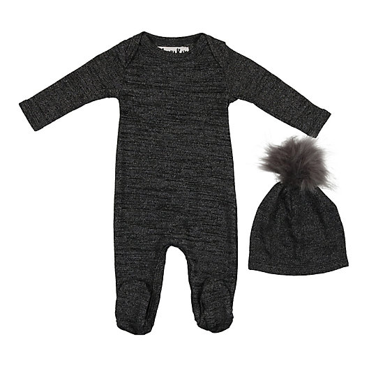 Alternate image 1 for HannaKay, By Maniere Size 6M 2-Piece Marled Footie and Faux Fur Pom Hat in Grey