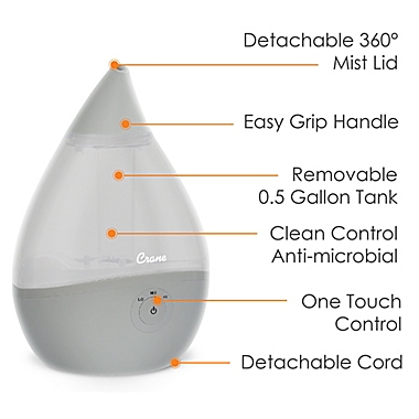 Crane 0.5-Gallon Droplet Ultrasonic Cool Mist Humidifier inGrey. View a larger version of this product image.