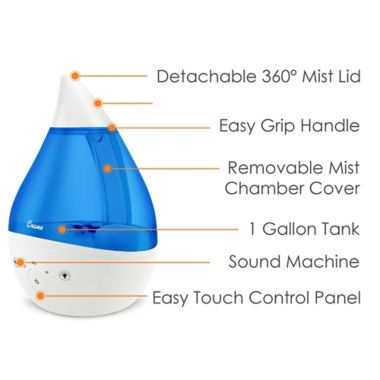 Crane Top Fill Drop Humidifier with Sound Machine in Blue/White. View a larger version of this product image.