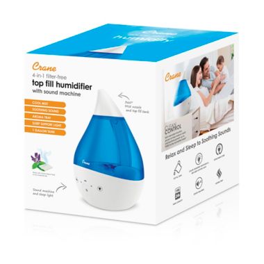 Crane Top Fill Drop Humidifier with Sound Machine in Blue/White. View a larger version of this product image.