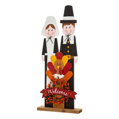 Glitzhome&reg; 36-Inch Thanksgiving Wooden Pilgrim Couple Porch Decor