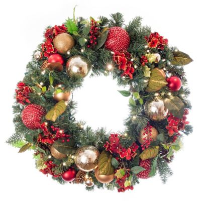 Village Lighting Company&reg; 30-Inch Scarlet Hydrangea Pre-Lit LED Christmas Wreath