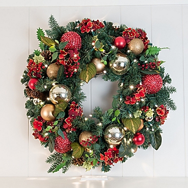 Village Lighting Company&reg; 30-Inch Scarlet Hydrangea Pre-Lit LED Christmas Wreath. View a larger version of this product image.