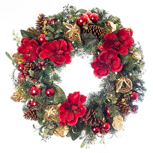Alternate image 1 for Village Lighting Company® 30-Inch Pre-Lit Red Magnolia LED Christmas Wreath