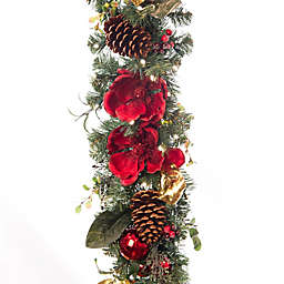 Village Lighting Company® 9-Foot Red Magnolia Pre-Lit LED Faux Christmas Garland