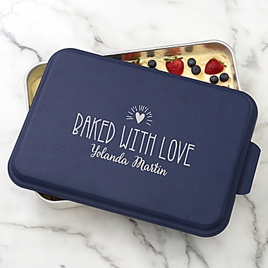 Made With Love Personalized Cake Pan with Navy Lid. View a larger version of this product image.