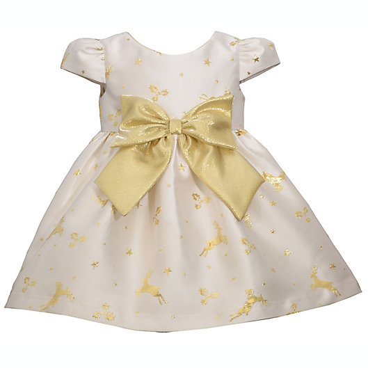 Alternate image 1 for Bonnie Baby Golden Reindeer Party Dress in Ivory/Gold