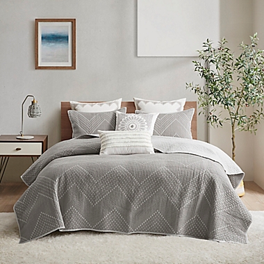 INK+IVY Pomona Cotton Embroidered 3-Piece King/California King Coverlet Set in Gray. View a larger version of this product image.