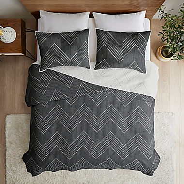 INK+IVY Pomona Cotton Embroidered 3-Piece Full/Queen Coverlet Set in Black. View a larger version of this product image.