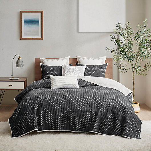 Alternate image 1 for INK+IVY Pomona Cotton Embroidered 3-Piece Full/Queen Coverlet Set in Black