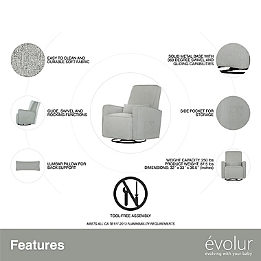 évolur Holland Upholstered Swivel Glider with Lumbar Pillow in Harbor. View a larger version of this product image.