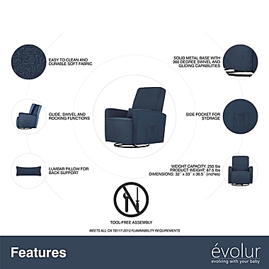 évolur Holland Upholstered Swivel Glider with Lumbar Pillow inNavy. View a larger version of this product image.