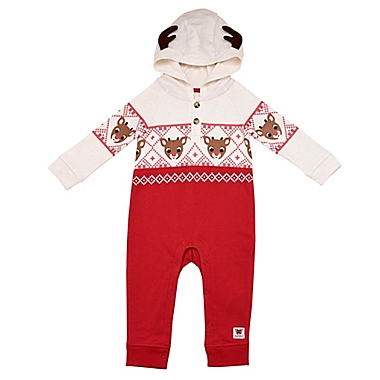 Rudolph&reg; Newborn Antlers Long Sleeve Hooded Christmas Coverall in Red. View a larger version of this product image.