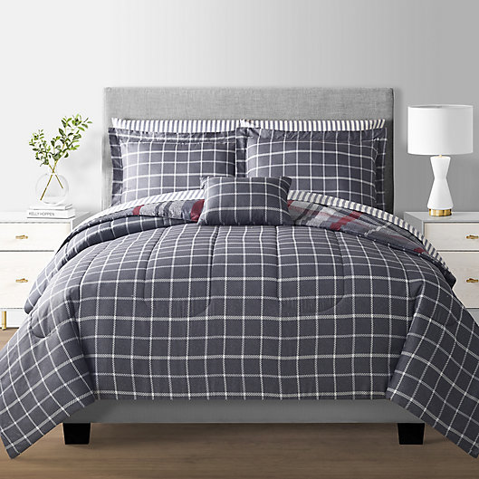 Alternate image 1 for Aster Plaid 8-Piece Reversible California King Comforter Set in Red/Grey