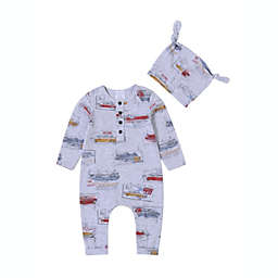 Kidding Around 2-Piece Car Print Coverall and Beanie Set in Grey/Multi
