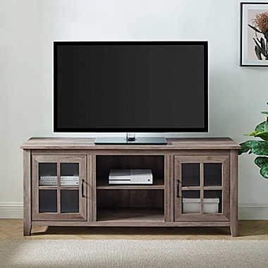 Forest Gate&trade; 58-Inch Farmhouse Glass Door TV Stand in Grey Wash. View a larger version of this product image.