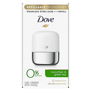 Dove® 1.13 oz. 0% Aluminum Cucumber and Green Tea Refillable Deodorant with Stainless Steel Case. View a larger version of this product image.