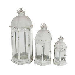 Ridge Road Décor Rustic Metal Lanterns in Distressed Ivory White (Set of 3)