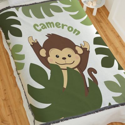Jolly Jungle Monkey Woven Baby Throw Blanket in Green