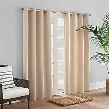 Sunbrella&reg; Solid Canvas 96-Inch Grommet Indoor/Outdoor Window Curtain Panel in Beige. View a larger version of this product image.