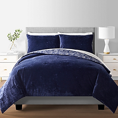 Faux Velvet 3-Piece Reversible Full/Queen Comforter Set in Navy. View a larger version of this product image.