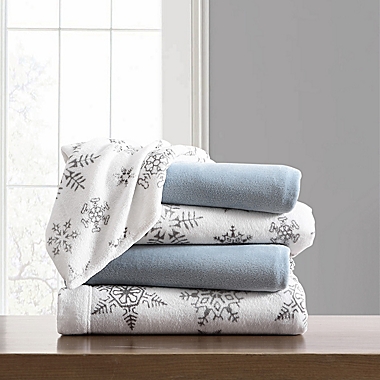 Eddie Bauer&reg; Tossed Snowflake Plush Fleece Twin XL Sheet Set in Grey. View a larger version of this product image.