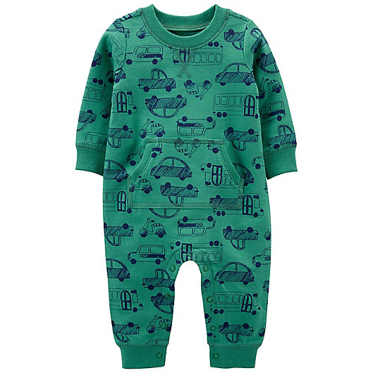 Alternate image 1 for carter's® Car Print French Terry Jumpsuit in Green