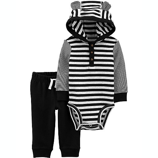 Alternate image 1 for carter's® 2-Piece Hooded Bodysuit and Pant Set in Black Stripes