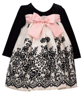 Bonnie Baby Size 0-3M Velvet Flocked Dress with Bow in Black/Cream/Pink