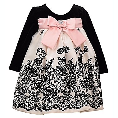 Bonnie Baby Size 0-3M Velvet Flocked Dress with Bow in Black/Cream/Pink. View a larger version of this product image.