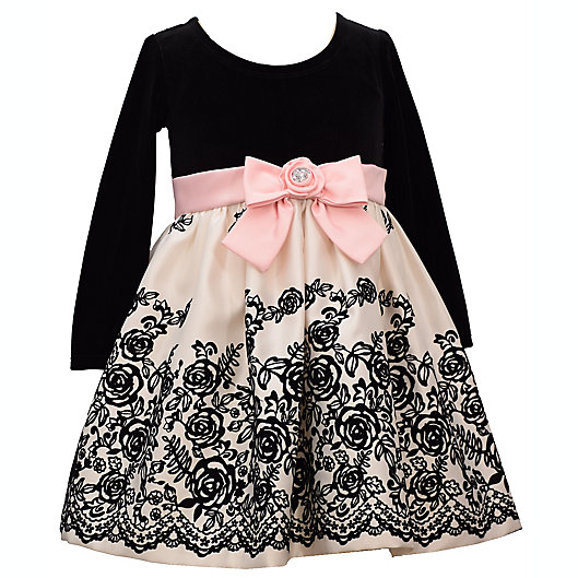 Alternate image 1 for Bonnie Baby Velvet Flocked Dress with Bow in Black/Cream/Pink
