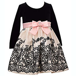 Bonnie Baby Velvet Flocked Dress with Bow in Black/Cream/Pink