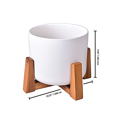 Studio 3B&trade; Valley Ceramic Planter in White with Acacia Wood Stand. View a larger version of this product image.