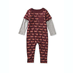 Tea Collection Layered Sleeve Fox Print Romper in Burgundy