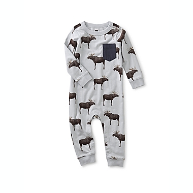 Tea Collection Size 0-3M On the Move Moose Romper in Grey. View a larger version of this product image.