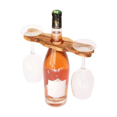 Kamsah Olive Wood Wine Bottle and Glass Holder in Brown. View a larger version of this product image.