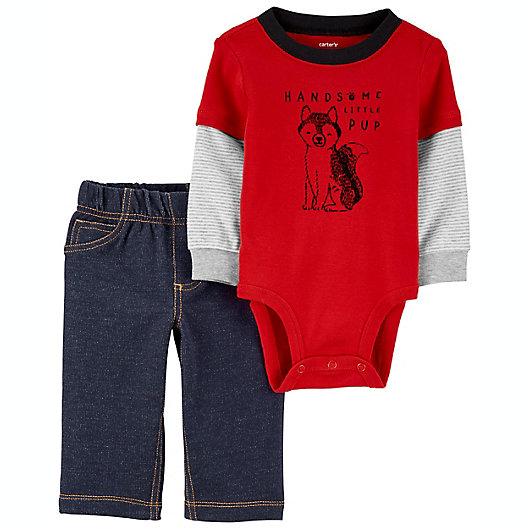 Alternate image 1 for carter's® Size 9M 2-Piece Puppy Long Sleeve Bodysuit and Pant Set in Red