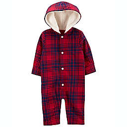 OshKosh B'Gosh® Size 18M Hooded Button-Front Plaid Flannel Jumpsuit in Red