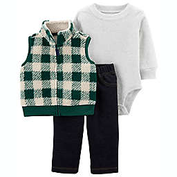 carter's® Plaid 3-Piece Microfleece Vest Set in Green/Denim