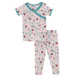 KicKee Pants® Size 6-12M Macaroon Floral Vines Short Sleeve Kimono Pajama Set in Pink