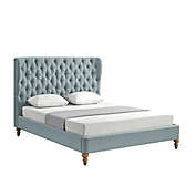 Shabby Chic Queen Linen Upholstered Platform Bed in Sea Blue