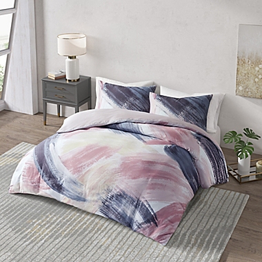 CosmoLiving Andie 3-Piece Cotton Printed Full/Queen Comforter Set in Blush/Navy. View a larger version of this product image.